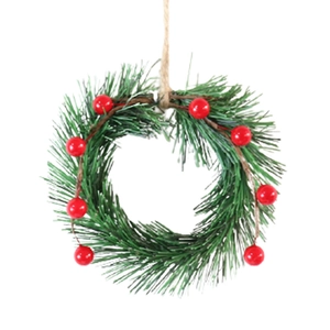 Christmas door lintel wreath with green pine needles and red berries on white background