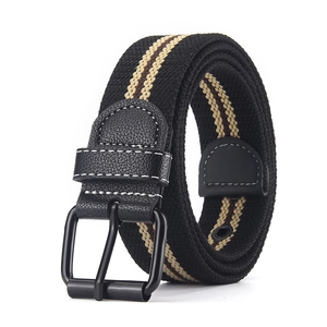 Black canvas belt with beige and brown stripes featuring a matte black metal pin buckle