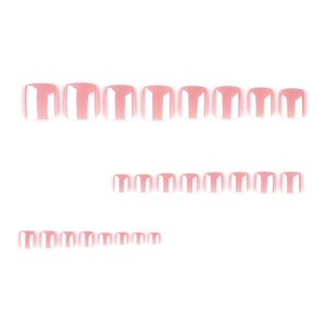 Glossy pale pink press-on toenails set in various sizes displayed on a white background