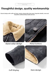 Detail von Sherpa-Kragen und Metallknöpfen an einer dicken grauen Herren Winterjacke