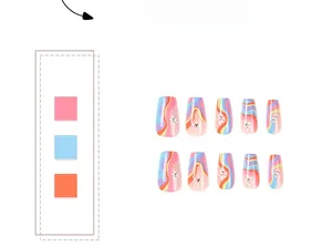 Macro detail of colorful wave pattern press-on nails with white 3D flower decorations