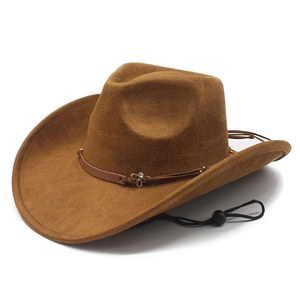 Brown faux suede western cowboy hat with decorative leather band and windproof cord