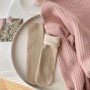 Detail of warm oatmeal ribbed socks with thick white fleece lining for winter comfort