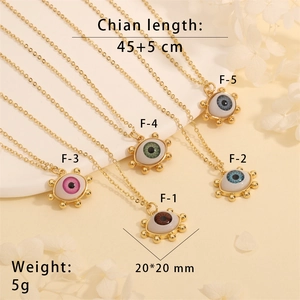 Detailed view of evil eye pendants in five colors with size and weight measurements