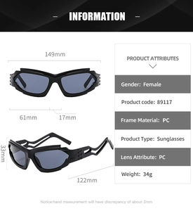 Dimensiones detalladas de las gafas de sol futuristas Y2K negras en vista frontal y lateral