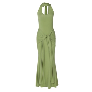 Close-up of green halter neck dress with front knot design and draped fabric detail