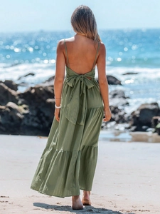 Rugloos Maxi Jurk Dames Polyester Gelaagd Veter Plage Vakantie Spaghettibandjes Boho Vierkante Hals