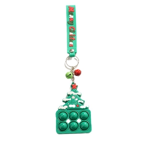 Christmas tree pop it fidget keychain with green silicone and Merry Christmas wristlet