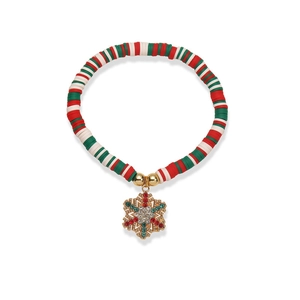 Bracelet de Noël en perles d'argile rouge et verte avec breloque flocon de neige dorée et cristaux
