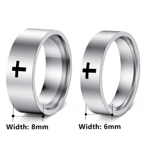 Classic silver stainless steel cross rings showing 6mm and 8mm width options