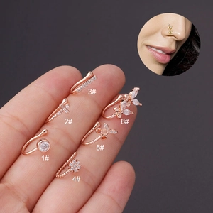 Set of 6 rose gold non-piercing butterfly and cross clip-on nose rings with cubic zirconia