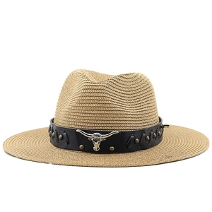 Khaki straw cowboy fedora hat with bull head emblem and leather band for outdoor beach sun protection
