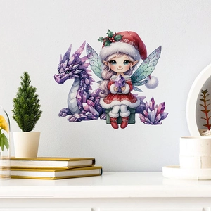 Détail de stickers muraux amovibles en PVC avec un lutin de Noël et un dragon violet