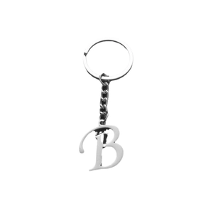 Polished stainless steel keychain featuring a silver initial letter B pendant on white background