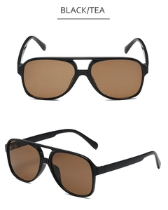 Front and side profile of black pilot sunglasses with brown lenses in white background
