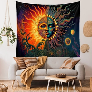 Detailed psychedelic sun and moon wall tapestry hanging as living room decor