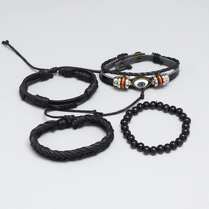 Minimalist 4-piece black leather bracelet set featuring braided ropes and eye charm