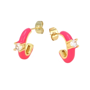 Fashionable C-shaped magenta enamel earrings with zircon stones and gold finish