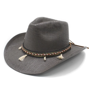 Western Cowboy Hat Woven Paper Straw Wide Brim Sun Protection Bohemian Ethnic Style With Shell Tassel Decor Women Men