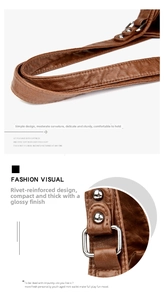 Detail view of brown textured leather handbag with silver metal rivets and reinforced handle