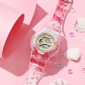Luminous waterproof dual display sports watch with red and white print strap on shells