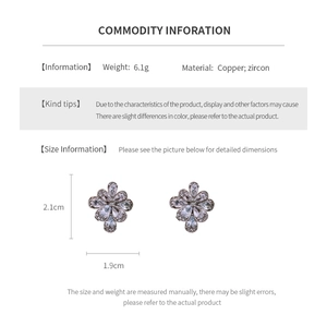 Detailed spec sheet showing size 2.1x1.9cm and 6.1g weight for flower zircon earrings