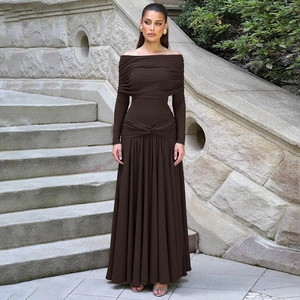 Deep brown off-shoulder maxi dress with elegant waist knot detail and long sleeves