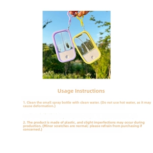 Detail of macaron plastic spray bottles with keychains and usage instructions text