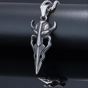 Vintage Viking warrior mask pendant in antique silver finish with a sturdy metal chain