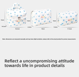 Size specifications and dimensions for three cute bow cosmetic and toiletry organizer bags
