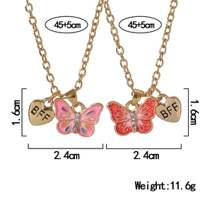 Colorful enamel butterfly BFF necklaces with gold chain and heart pendant for best friends
