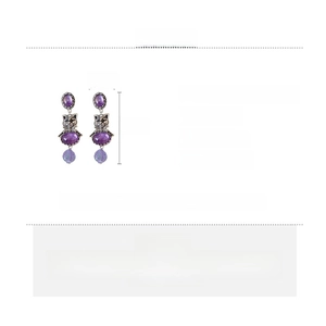 Detail showing vintage kitten earrings with purple crystals and dimensions 8.6x2.7cm