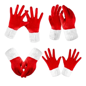 Close-up of red Christmas gloves with white faux fur cuffs from four different angles