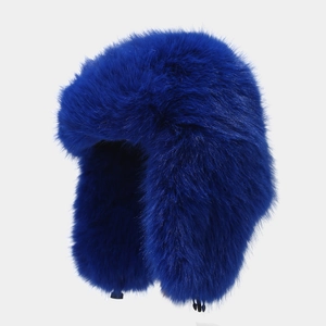 Faux fox fur trapper hat in electric blue, thick winter earflap cap for wind protection