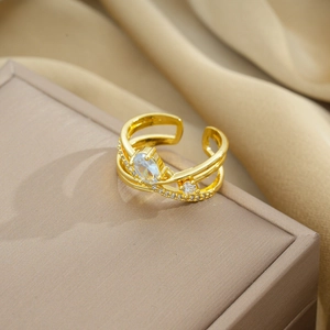 Macro detail of gold-plated open ring featuring oval zircon and double-layer crystal band