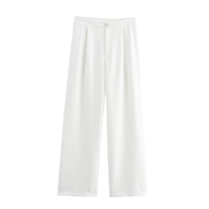Detailed view of white high-waisted wide-leg trousers with front pleats and button closure