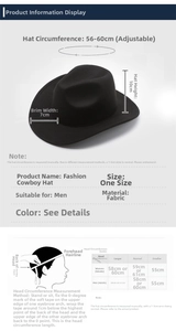 Detailed size chart for Western cowboy hat showing head circumference and measurements