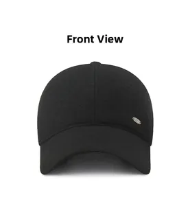 Detailed front view of black winter baseball cap showing wool blend texture and metal badge