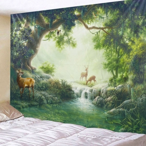 Forest landscape tapestry with deer and waterfall decor for bedroom wall background