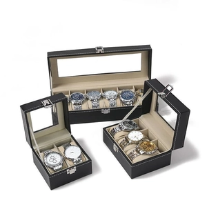 Premium black PU leather watch box organizer with clear window and metal lock