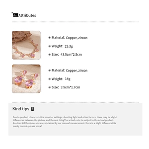 Dimensions détaillées de l'ensemble collier et boucles d'oreilles en zircon rose doré