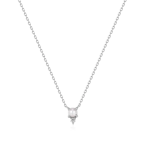 Close-up of S925 sterling silver snake necklace with a white pearl and zircon pendant