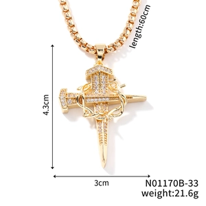 Detailed size chart showing 60cm gold chain and 4.3cm iced out cross pendant with thorns