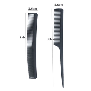 Detailed view of black hair comb set with precise 21cm and 7.4cm measurement labels