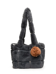 Gray plush shoulder bag with woven pattern and a cute brown bear charm for winter fashion