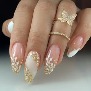 Almond Press On Nails Nude Pink French Style Hand Painted Leaves Gold Glitter ABS Artificial Nails Elegant Fashion Women