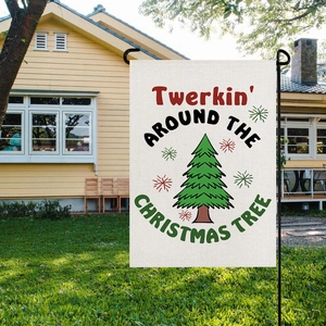 Linen Christmas garden flag with red plaid tree and festive text on metal stand