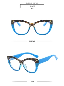 Vues de face et de côté de lunettes œil-de-chat avec monture bleue et motif écaille