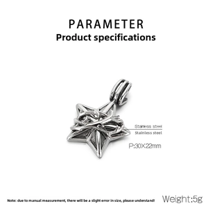 Macro detail of punk star pendant in stainless steel showing 30x22mm dimensions