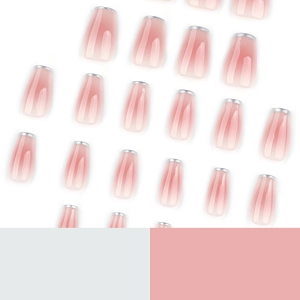French tip coffin fake nails in nude pink and silver, press-on manicure set in 20 pieces